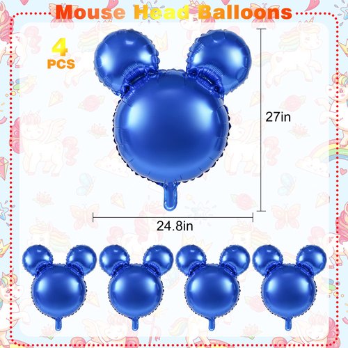 MIKIMIQI 4 Pcs Mouse Head Foil Balloons, 24'' Mouse Mylar Balloon for Birthday Party Decorations Jumbo Mouse Head Aluminum Foil Balloons Party Favors Supplies (Dark Blue)