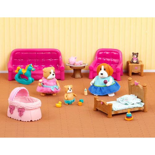 Lil Woodzeez – Dollhouse Furniture Playset – Living Room & Nursery Playhouse with 3 Posable Figures – Sofa, Crib & Miniature Toys – Kids 3 Years +
