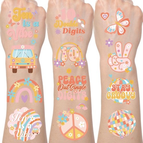 Yoyuspy Groovy Temporary Tattoos Stickers - 200+ Peace out Single Digits Temporary Tattoos Groovy Party Decorations Boho 70s Hippie Rainbow Fake Tattoos 10th Birthday Decorations Favors Supplies