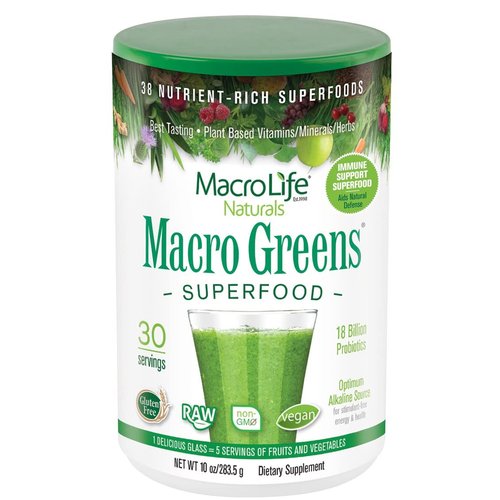 MacroLife Naturals Macro Greens Powder 38 Superfood Probiotic Antioxidant Enzyme & Herbal Supplement Immunity Energy Cleanse - Non-GMO Vegan Gluten-Free Dairy-Free - 10oz (30 Servings)