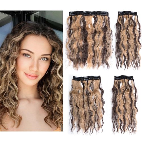 KGBFASS Clip in Short Curly Wavy Hair Extensions 12inch Brown And Blonde Highlights Hair Extensions 4pcs Full Head Thick Soft Synthetic Clip in Hairpieces (120g 4H18)