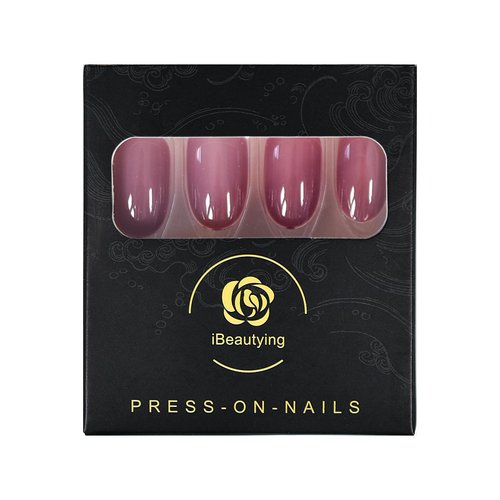 iBeautying Press on Nails - Taro Red Pure Color Semi-Transparent False Nails | UV Gel Finish Medium Short Small Round Shape Reusable Fake Nails - 24 Nail Kit with Jelly Glue Pad