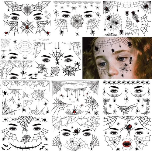 ANIUVOT Halloween Spider Temporary Tattoos Spider Web Face Makeup Supplies - 12 sheets Full Face Scary Black Fake Spiders Day of the Dead Stage Show Witch Costume Party Prank Props