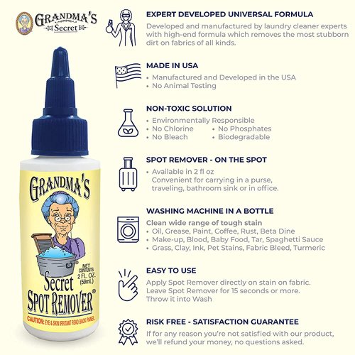 Grandma's Secret Spot Remover for Clothes - Chlorine, Bleach and Toxin-Free - Fabric Stain Remover Removes Oil, Paint, Blood and Pet Stains – 2 Ounce, Pack of 2