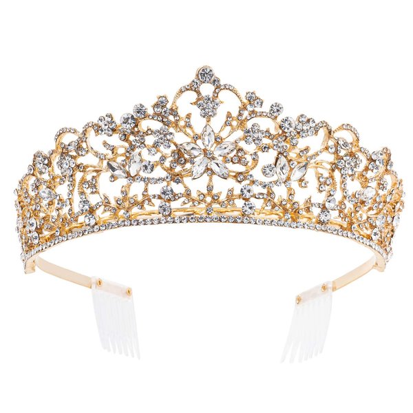 Weddingtopia Gold Tiaras and Crowns Wedding Tiara Gold and Gold Crowns Plus Wedding Gold Necklace set With Crystal Bobby Pin– Bridal Gold Tiara Crown with side combs (GOLD CLEAR)