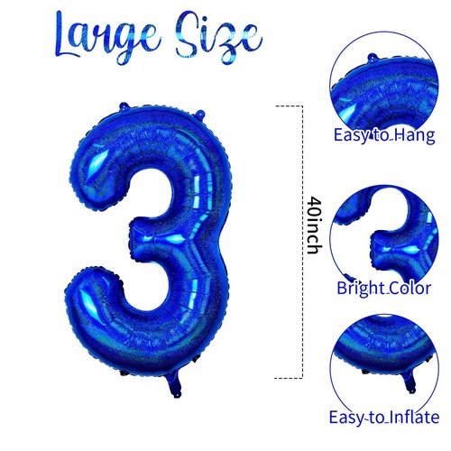 Number 3 Balloon 40 inch, Dark Blue Big Number Balloon, Giant Foil 3 Balloons Number, Helium 3rd Birthday Balloons for Kids Boys Girls Birthday Party Decorations Wedding Anniversary Event Supplies