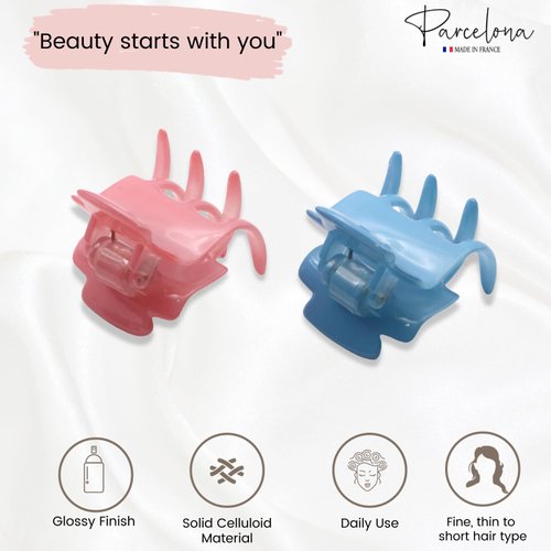 Parcelona French Glossy Square Very Small 1 1/2" Set of 2 Hair Claw Clips Strong Grip Celluloid Acetate Quick Updos Non-slip Hair Clip for Women and Girls(Blush Pink-Blue)
