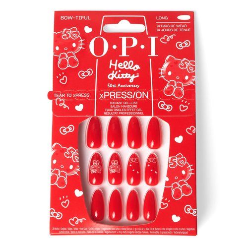 OPI xPRESS/ON Press On Nails, Up to 14 Days of Gel-Like Salon Manicure, Vegan, Sustainable Packaging, With Nail Glue, Hello Kitty 50th Collection, Bow-tiful