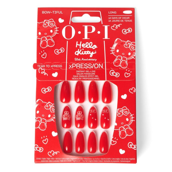 OPI xPRESS/ON Press On Nails, Up to 14 Days of Gel-Like Salon Manicure, Vegan, Sustainable Packaging, With Nail Glue, Hello Kitty 50th Collection, Bow-tiful