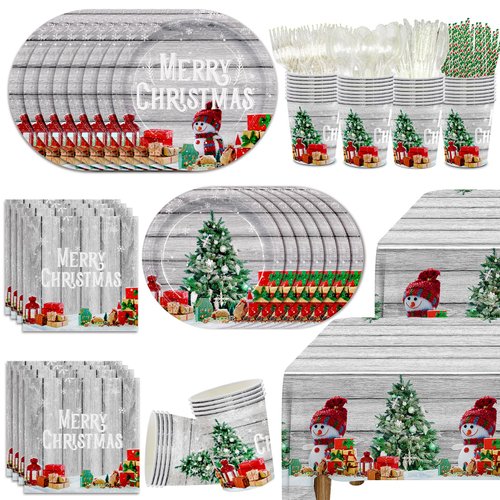 JVORFDG 195pcs Christmas Party Supplies Snowman Merry Christmas Paper Plates Napkins Tablecloth Christmas Tree Disposable Tableware Set for Xmas Party Decorations Serves 24