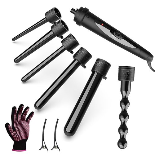 FMFJS 6 in 1 Wand Curling Iron Set, 6 Interchangeable Ceramic Barrel Curling Wands (0.35"-1"), Instant Heat Up(15S), Easy for Beginner with Heat Protective Glove, and 2 Clips