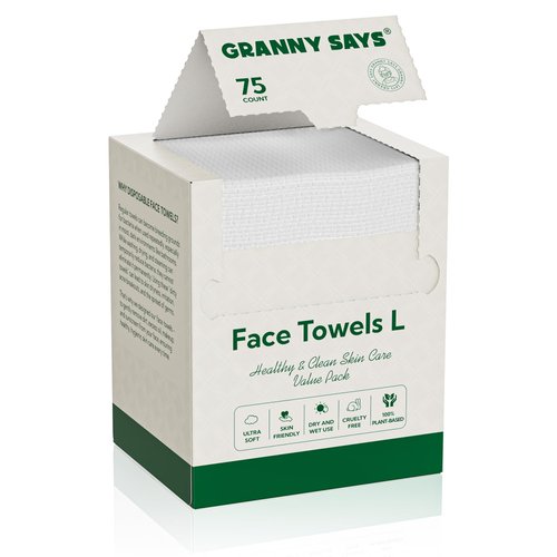 GRANNY SAYS Disposable Face Towel, 75 Count/Box, 10" x 8" Biobased Face Towels, Face Towelettes Disposable, Super Soft Facial Towels for Sensitive Skin, Travel, Makeup Remover