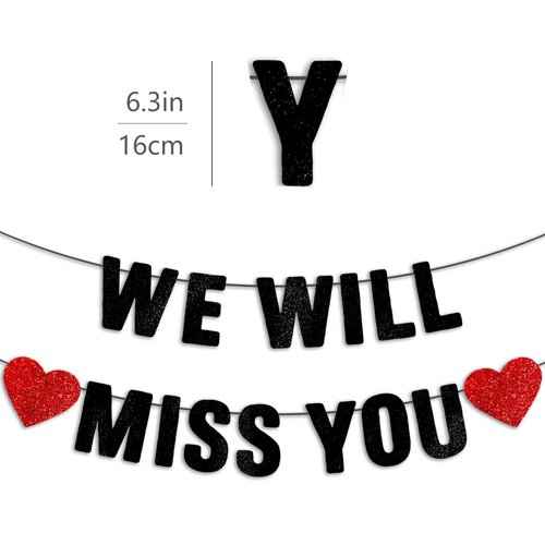 JunyRuny Pre-strung We Will Miss You Black Glitter Banner, Graduation Retirement Party Decorations, Going Away Farewell Gifts for Coworkers, Goodbye, Leaving, Army, Good Luck Supplies Decor