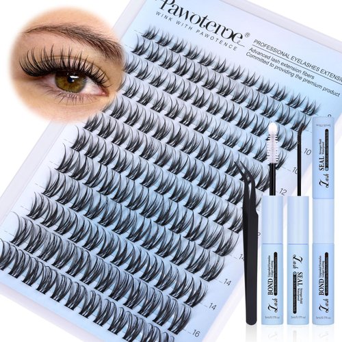 Pawotence Lash Clusters Kit Wispy Eyelash Clusters 8-16mm Natural Lash Extension Kit 144pcs Cluster Eyelash Extensions Kit Individual Lashes with Lash Cluster Glue Bond Seal and Lash Tweezers