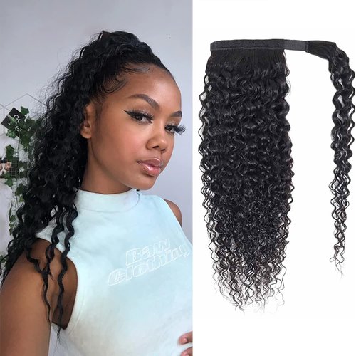 seelaak Kinky Curly Human Hair Ponytail Extension with Wrap Around True Length 10A Brazilian Ponytail Human Hair 3C Afro Curly Ponytail Clip in Human Hair Extensions Long Curly Wavy Ponytail 24 Inch