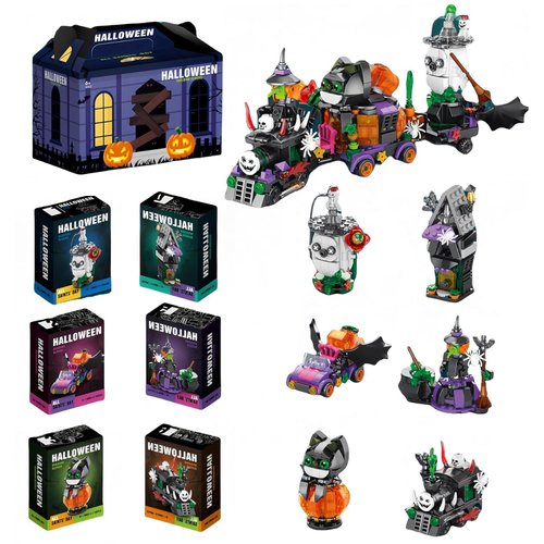 TIMCHESS Halloween Building Sets for Kids & Adult, 603 Pieces Pumpkin Ghost Building Kits Model, Mini Building Block Party Favors, Haunted House Toys Building Set (Spooky Train)