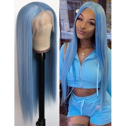 Maycaur Light Blue Lace Front Wigs Long Straight Hair 24 Inch Glueless Wigs for Fashion Women Synthetic Lace Front Wigs with Natural Baby Hair