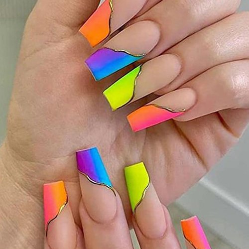 MISUD Press on Nails Long Coffin Fake Nails Matte Glue on Nails Colorful French Tip Acrylic Nails Ballerina Gradient Artificial Nails Rainbow Stick on False Nails with Gold Swirl Design 24 pcs