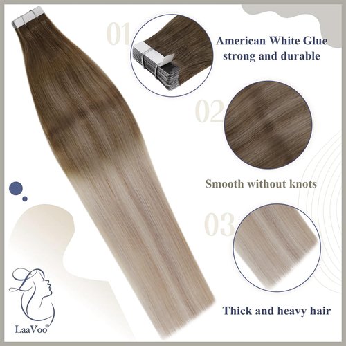 LaaVoo Balayage Tape in Hair Extensions Human Hair 22 Inch Invisible Tape in Extensions Ombre Brown to Ash Blonde with Platinum Blonde Hair Extensions Tape in Human Hair 20pcs/50g