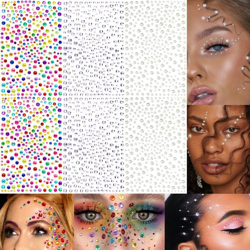2100 PCS Self Adhesive Rhinestones & Pearl Stickers Face Gems for Makeup Eye Face Jewels Stick On Rainbow & Clear Rhinestones Bling Diamond Stickers Nail Art Christmas DIY Craft Party Rave Accessories