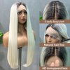 SOKU White Grey Lace Front Wigs with Black Roots 32 Inch Long Straight Ombre Grey Lace Frontal Wigs Pre Plucked Middle Part HD Transparent Lace Silky Straight Synthetic Wigs for Women Girls