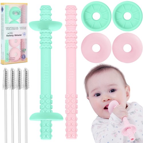 Giftty Teething Tube with Safety Shield Baby Hollow Teether Sensory Toys Gum Massager, Food-Grade Silicone for Infant 3-12 Months Boys Girls, 1 Pair with 4 Cleaning Brush Included (Pink+Mint)