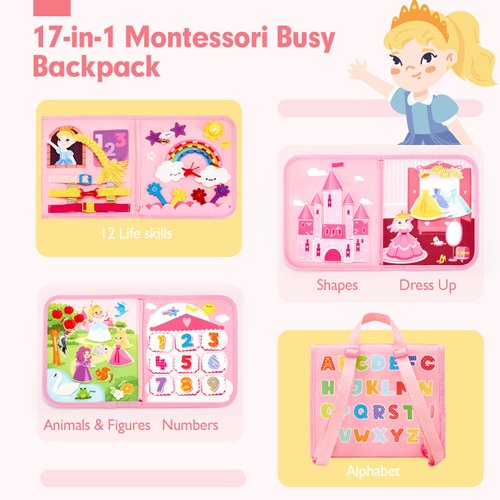 hahaland Montessori Toys for Ages 2-4, Busy Board 1-4 Year Old Girl Birthday Gift 17 in 1 Preschool Learning Activities with 12 Life Skill, Number,Shape,Dressup,Animal,Figures,Baby Girl