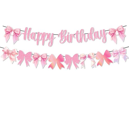 GOTPASS Pink Bow Happy Birthday Banner Bow Themed Birthday Decorations Baby Bridal Shower Girl Cute Birthday Party Supplies