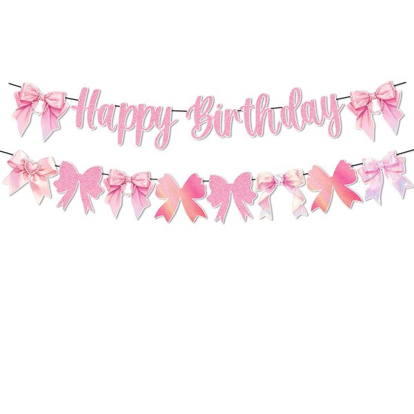 GOTPASS Pink Bow Happy Birthday Banner Bow Themed Birthday Decorations Baby Bridal Shower Girl Cute Birthday Party Supplies