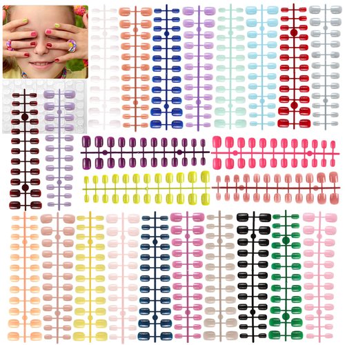 576 Piece Kids Fake Nails, Wsimily 24 Colors Nails for Kids Girls Children Short Acrylic Square R...