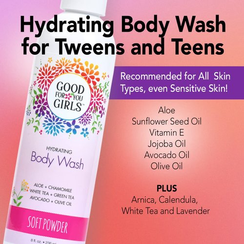 Good For You Girls Natural Body Wash with Aloe, Avocado & Jojoba Oils,Shower Gel Body Wash for Girls to Adults, Vegan and Paraben Free, Powder Scent (8 Fl oz)