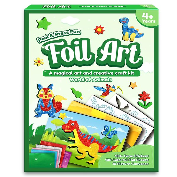 Foil Art Craft Activity for Kids: Foil Art Dinosaur & Animal Toy Kit, Creative Travel Supplies for Kids 4 5 6 7 8 9 Year Old Party Favor Kids Activity Kit Christmas Birthday Gifts