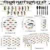 170PCS Fishing Birthday Party Decorations Gone Fishing Party Decorations Include Plates, Cups, Cutlery, Banner, Tablecloth for Ofishally One Birthday Decorations