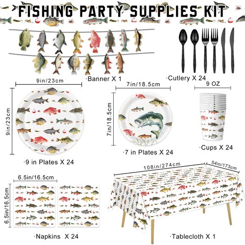 170PCS Fishing Birthday Party Decorations Gone Fishing Party Decorations Include Plates, Cups, Cutlery, Banner, Tablecloth for Ofishally One Birthday Decorations