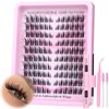 Lash Clusters Kit Cat Eye Wispy Eyelash Extension Kit Manga LC Individual Lashes Natural Fox Eye Eyelash Clusters Lash Extension with Lash Bond and Seal Lash Applicator,2Lash Brush (120Pcs,9-15MM)