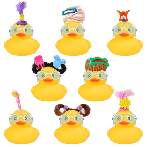 Rubber Ducks Bath Toys, 12 PCS Yellow Mini Wig Rubber Duckies with Blue Flower Sunglasses and Colorful Hair Accessories, Cute and Funny Bathtub Toys Shower Toys for Kids Girls