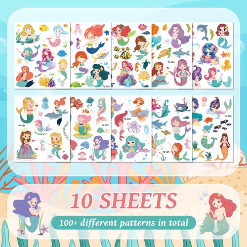 EMOME 120+ Styles Mermaid Temporary Tattoo Stickers for Kids Girls, Mermaid Tattoos for Ocean Themed Party Decorations, Mermaid Party Decorations Favors Supplies for Games Activities (10 Sheets)