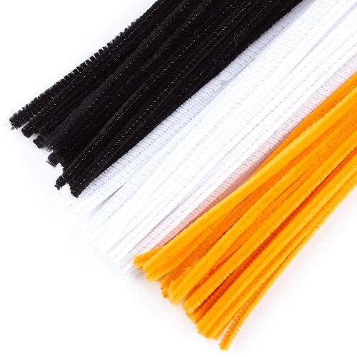 Pack of 300 Black White and Orange Pipe Cleaners. Fuzzy Stick Chenille Stems for Halloween Arts and Crafts Shapes, Flowers, Animals, Figures and More - Size: 12 Inches Long x 6 mm Dia.