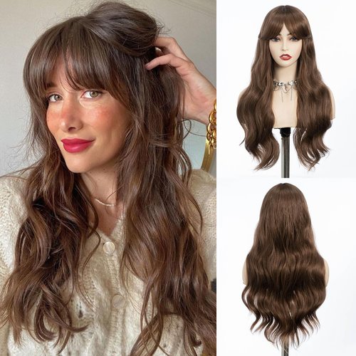 REBECCA STYLE Long Brown Wig with Bangs 24 Inch Long Wavy Wigs with Bangs for Women Synthetic Curly Wigs Hair Replacement Wigs for Girls Daily Party Use Natural Looking (Brown)