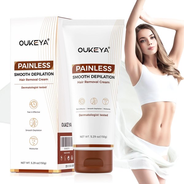 OUKEYA Hair Removal Cream for Women & Men Sensitive Skin, Natural Extracts Depilatory Cream for Bikini Line Legs Arms Underarms, Dermatologically Tested Painless Bikini Hair Remove Gel, 5.29 oz