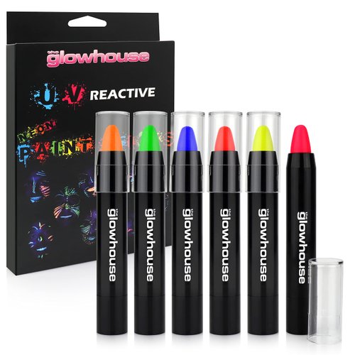The Glowhouse UV Neon Body Paint Stick (Pack of 6) Fluorescent Brightest Glow in the dark face paint under UV light!