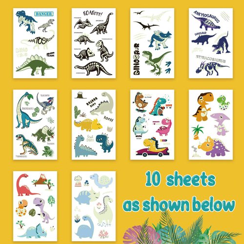 Luminous Dinosaur Decorations for Birthday Party, 10 Sheets Glow Dinosaur Temporary Tattoos for Kids, Dinosaur Party Favors Supplies Games for Boys and Girls, Dinosaur Decorations