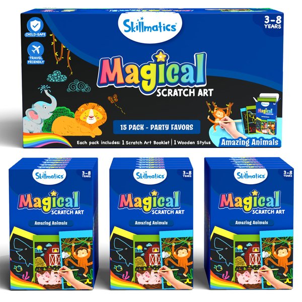 Skillmatics Party Favors (Pack of 15) - Magical Scratch Art Set for Kids, Animals, Goodie Bag, DIY Art & Craft Activity, Gifts for Girls, Boys Ages 3, 4, 5, 6, 7, 8
