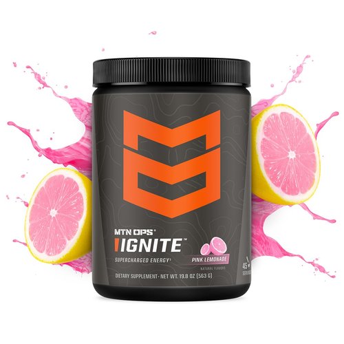MTN OPS Ignite Energy Drink Powder, Gluten Free Nitric Oxide Supplement Drink Mix, L Arginine, L Citrulline, Caffeine & Nootropic Sugar Free Drink Mix, 45 Servings, Pink Lemonade