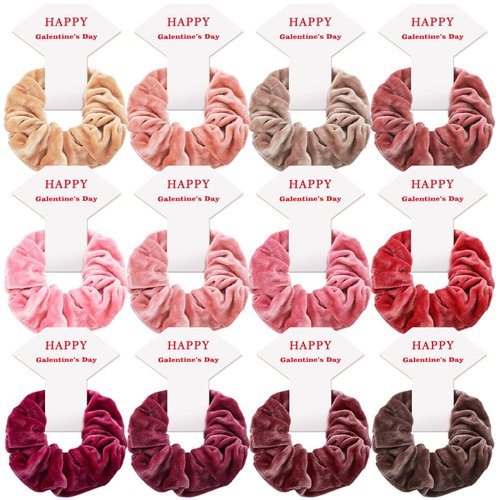 Yuxung 12 Pcs Galentine's Day Hair Scrunchies Gift Cards Happy Galentine's Day Party Favors Blush Ponytail Scrunchies Velvet Elastics for Women Galentine Gift for Women Friends