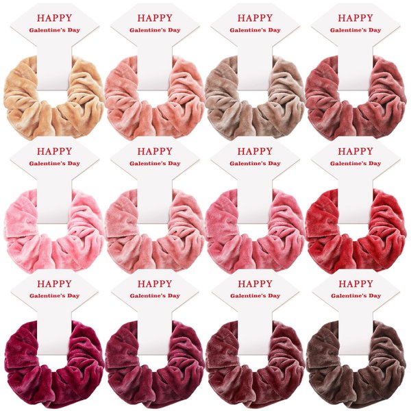 Yuxung 12 Pcs Galentine's Day Hair Scrunchies Gift Cards Happy Galentine's Day Party Favors Blush Ponytail Scrunchies Velvet Elastics for Women Galentine Gift for Women Friends