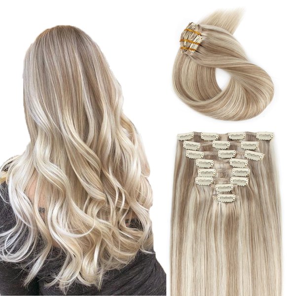 ABH AMAZINGBEAUTY HAIR 20 Inch Clip in Hair Extensions Human Hair Highlighted Light Brown with Platinum Blonde Hair Extensions Clip in Human Hair 8pcs/120g P8-60 Straight Hair Extensions Clip in