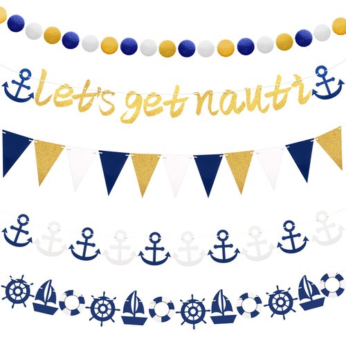 5 Pieces Let's Get Nauti Gold Glitter Banner Cruise Bachelorette Party Decorations Nautical Theme Party Supplies Blue Anchor Cruise Banner for Room Birthday Nautical Sailor Bachelorette Party Decor