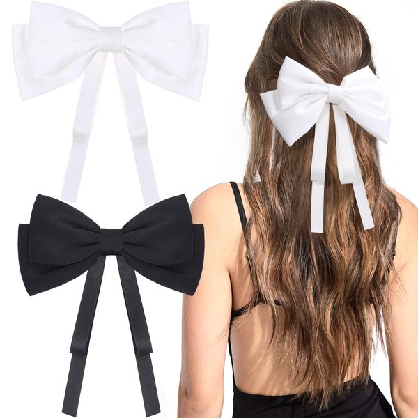 2Pcs Big Satin Hair Bows for Women Girls 10 Inch Barrette Hair Clip Long Black Silk Ribbon bride Wedding Bows French Style Hair Accessories (Black+White-C)