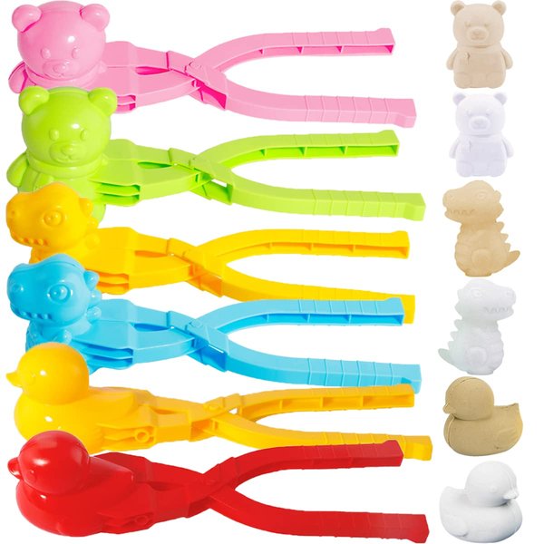 Gawertoy 6 PCS/Set Snowball Maker Clips, Duck Bear Dinosaur Shaped Snow Ball Maker Clips Clamps Outdoor Winter Play Snow Toys Cartoon Sand Molds Clay Tools for Kids Snowball Fight Beach Player (#A)